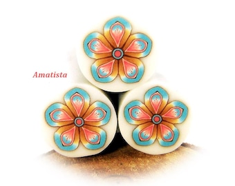 Polymer clay flower cane: Raw polymer clay cane - Millefiori cane supplies - Turquoise-camel flower cane - Supplies for jewelers