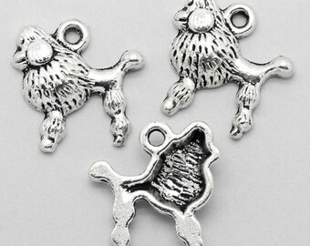 10 Antique Silver Poodle Dog Charms 14 x 14mm (B478j)