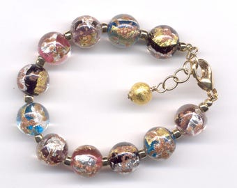 Murano Glass Luna Bracelet, 12mm Round Multicolor Venetian Beads with 24 Kt Gold Foil, Silver Foil, Aventurina, Gold Filled Chain & Clasp
