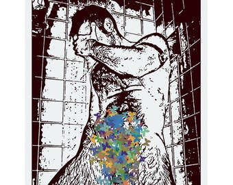 Mature content gay interest print fully nude man showering made in a lino block print art style A4 download png 99p