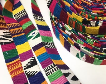 Hand-Made multi color Strapping. White/multi color design, Hand Loomed Textile, 3 Yard Piece. Guatemala