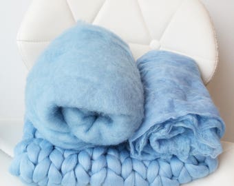Blue Baby Boy Photo Prop Trio Blanket Set Chunky Bump Basket Stuffer Fluff