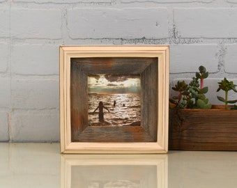 4x4" Square Picture Frame in Rustic Reclaimed Cedar Build Up Style with Vintage Ivory Finish - IN STOCK - Same Day Shipping - 4 x 4 Frame
