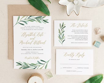 Greenery Wedding Invitation Template, Printable Wedding Invitation, Invitation Suite, Botanical Calligraphy | Edit in Word or Pages
