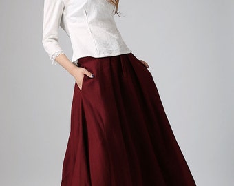 Burgundy skirt, linen skirt, long linen skirt, wine red skirt, women linen skirt, skirt with pockets, women linen clothing (910)