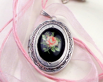 Pink Rose Cameo,Locket Necklace, Victorian Gift,Steam Punk Goth,Vintage Style Locket,Gothic Jewellry,Edwardian Fantasy