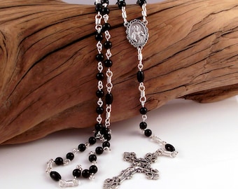 Our Lady of Fatima Rosary Beads With Sacred Heart of Jesus and Italian Crucifix in Black Onyx by Unbreakable Rosaries