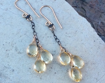 CITRINE earrings, cluster earrings, gemstone sterling , yellow gemstone earrings, mixed metal earrings, silver and gold filled