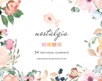 Hand Painted Watercolor Pastel Colors Wild Rose Clipart Blush Pink Rose Clipart Separate Elements Commercial Use | E135 Nostalgia
