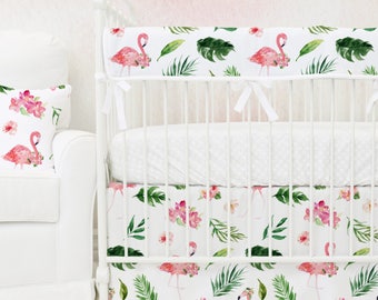 Tropical Floral Flamingo's Bumperless Baby Bedding | Pink, Watercolor Floral, Flamingo, Teething Guard Girl Crib Set | Baby Girl Nursery
