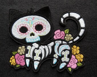 Day of the Dead, Dias de los Muerto, Skeleton Cat Patch, Large 5.7" X 4.84", Biker, Tattoo, Iron-on Patch, Embroidered Patch, Embroidery