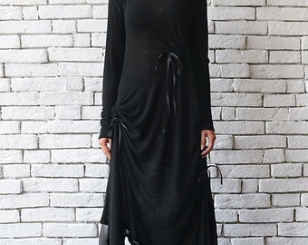 SALE Black Maxi Dress/Oversize Long Tunic/Extravagant Black Kaftan/Plus Size Maxi Dress/Long Sleeve Top/Asymmetric Black Dress/Loose Tunic D
