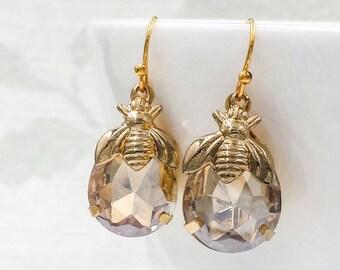 Bee and Honey Drop Earrings, French Rose Champagne Rhinestone Earrings, Bee Jewelry, Spring Honey Bee Lover Bumblebee, Wedding, Gift for Her