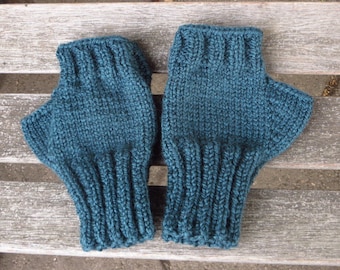 Teal Blue Texting Mittens, Wool Blend Knitted Fingerless Gloves, Handmade