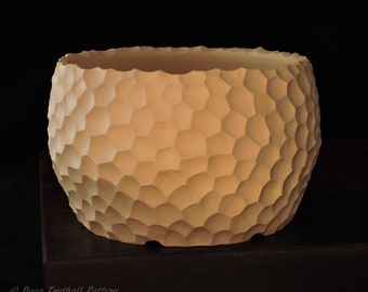 CS-3 Bonsai Planter, Cactus, Succulent. Wheel thrown stoneware, carved finish. Outside Dimensions - 5"w x 3.5"h