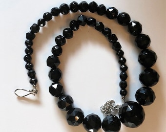 A Bold Black Multi Faceted Graduated Bead Necklace