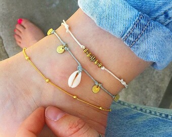 Gold anklet, Gold ankle bracelet, Boho Anklet, Beaded anklet, beach anklets, shell anklet, cord anklet, gold anklet set by Serenity Project.