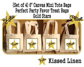 Personalized Gold Star Birthday Party Favor Bags Gold Stars Black Treat Gift Bags Mini Cotton Totes Kids Party Bags - Set of 4