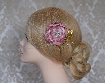 Wedding Veil, Birdcage Veil, Bridal Headpiece, Wedding Fascinator, Bridal Hair FLower, Bandeau Wedding Veil, Flower Veil, Flower Hair Clip