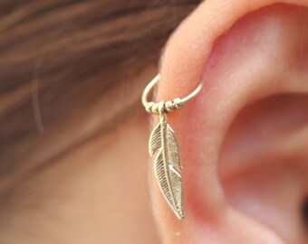 Gold Feather Cartilage Tiny Hoop Earring