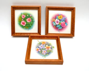 Trio of Vintage Floral Prints, Small Framed Flower Prints, Shabby Chic Decor