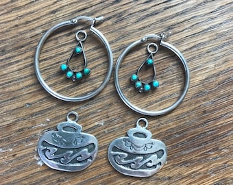 Vintage Southwestern Sterling Silver Hoop Earrings with 2 interchangeable Charms