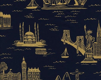 City Toile Navy Metallic - Les Fleurs - Cotton LAWN - Anna Bond Rifle Paper Co - Cotton + Steel - 8007-11