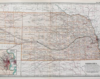 Antique Map : Nebraska, Omaha, USA, US State Map. Encyclopedia Britannica, 1890s (102)