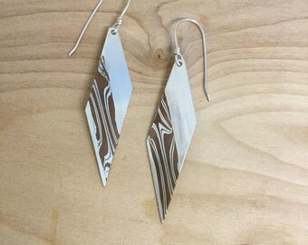 Long Geometric Mokume Gane Dangle Earrings