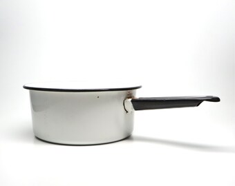 Vintage Enamelware Cooking Pot with Handle White Black Rim