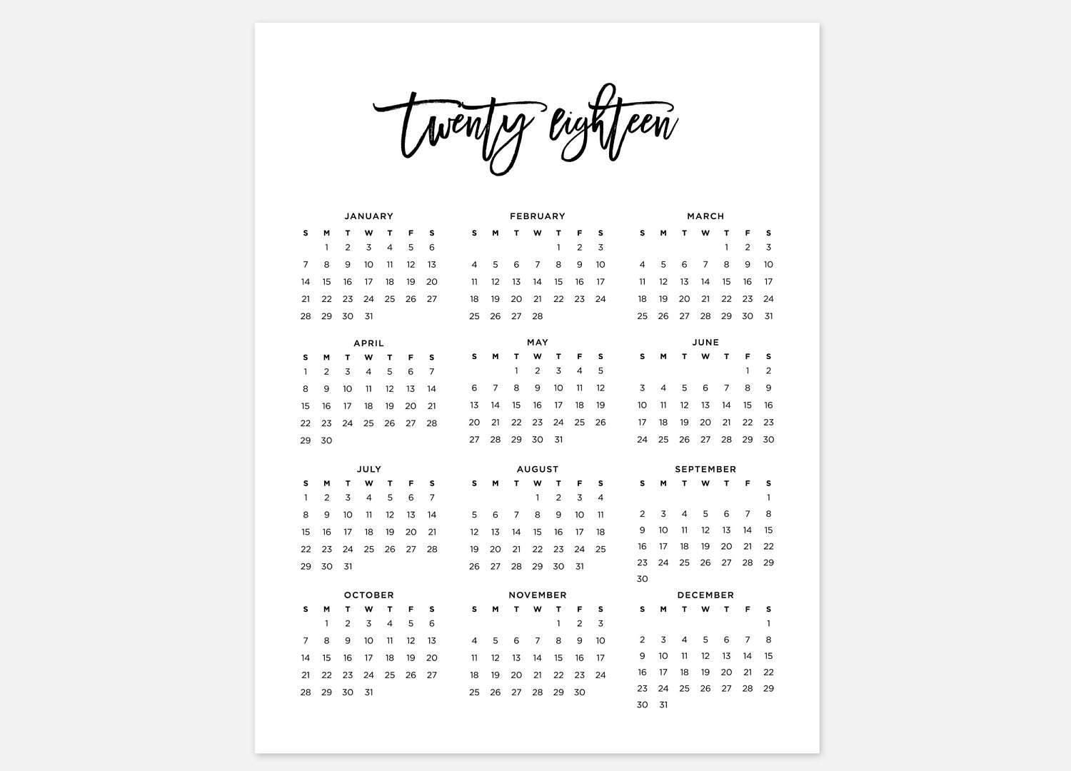 2018 full calendar printable