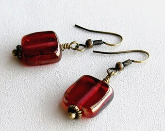 Antique brass and raspberry glass earrings