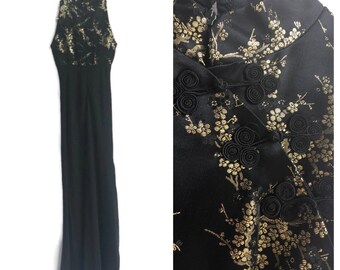 Vintage 70s Black and Gold Cheongsam Dress // Elegant Evening Dress Gown