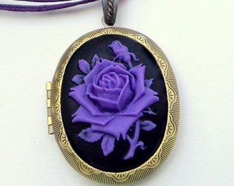 Large, Cameo, Antiqued Gold Locket Necklace, Lavender Rose, Onyx Black Background, Adjustable Ribbon Cord Necklace