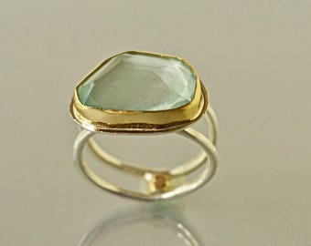 Aquamarine Ring, Sterling and Gold, Large Natural Aquamarine Ring, March Birthstone, Rose Cut Aquamarine, Clear Aqua ring, Made to Order