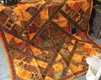 Antique oRANGE gOLD Russet Wall Hanging Tapestry Kutch Embroidered Patchwork Table Throw FREE SHIP