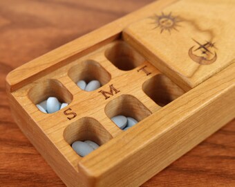 Day/Night Single Weekly Pill Box, Medium Depth, Solid Cherry Hardwood Top/Bottom, Food Safe Mineral Oil Medication Box, Masterpiece Laser