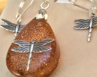 Outlander Jewelry~Dragonfly in Amber ~ Dragonfly Pendant - Resin Pendant - Outlander inspired - Silver Necklace~Tear Pendant