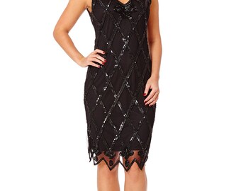 US4 UK8 AUS8 Liz Black Dress Vintage inspired 1920s Flapper Great Gatsby Charleston Downton Abbey Beaded Art Deco Bridesmaid Wedding guest