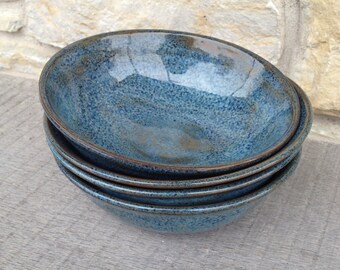 Set of 4 Blue, Wheel thrown stoneware, pottery bowls