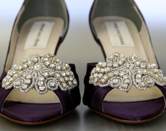 Wedding Shoes -- Eggplant Peep Toe Wedding Shoes with Rhinestone Applique