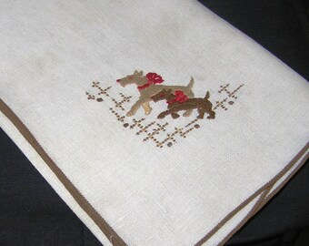 Vintage 1960s Linen Tablecloth with Dogs Hand Embroidered on Corner, Tea, Luncheon, Bridge Tablecloth, Vintage Linens, Vintage Dog Linens