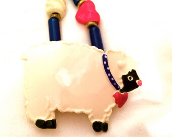 SHOESTRINGS Signed Ceramic LAMB Sheep Figural Vintage Necklace Hand painted Large Authentic Vintage Jewelry collectible talkingfashion