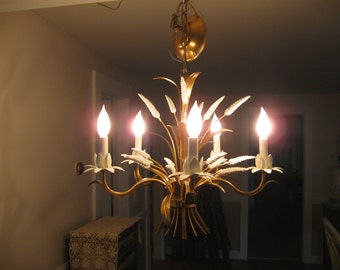 Chic,Vintage Italian Tole Gold Gilt & White Sheaf of Wheat Five Light Chandelier...