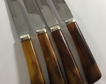 Vintage W Richardson Sheffield Butterscotch Handle Set of 4 Steak Knives Forever Sharp