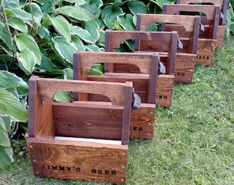 Groomsmen Gift Set of 6 Personalized Rustic Beer Carriers - Beer caddy with opener and free freezable insert - Bottles or cans