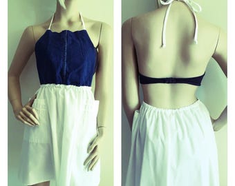 Upcycled Dress, Pinafore Dress, Apron Dress. Wearable Art Dress, Shabby Chic Boho Gypsy Dress, White Dress, Denim, S/M