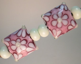 MATCHED PAIRS OF Handmade Lampwork Beads by Patti Cahill, Flowered Pillows + 4 Uraniums Plains (6 beads total)
