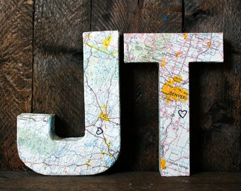 Map Letters (Set of 2). Wedding. Adventure. Travel. Wedding Decor. Map. Home. Shabby Chic.