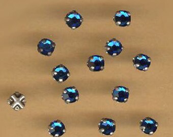 vintage rose MONTEES 3mm haskell era embellishments sew ons, deep turquoise or TEAL BLUE prong set faceted crystals, 25 pieces